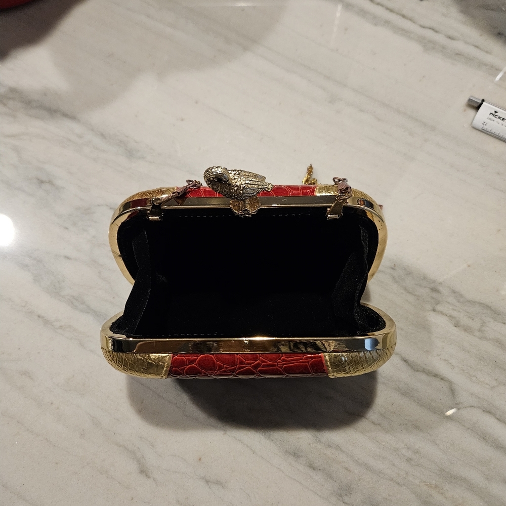 Red Crocodile Embossed Bird Kiss Lock Clutch with Gold Chain and Accents - Picture 6 of 8